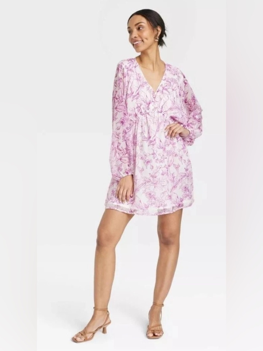 A New Day Purple White Floral VNeck Balloon Sleeve Mini Dress M Medium